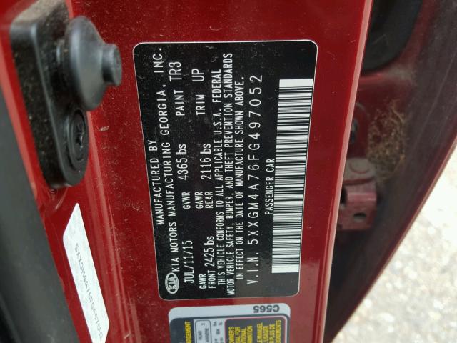 5XXGM4A76FG497052 - 2015 KIA OPTIMA LX RED photo 10