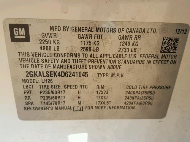 2GKALSEK4D6241045 - 2013 GMC TERRAIN SL WHITE photo 10