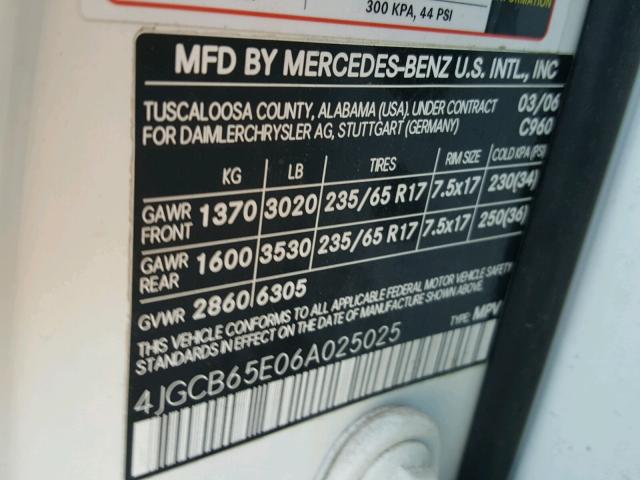 4JGCB65E06A025025 - 2006 MERCEDES-BENZ R 350 WHITE photo 10