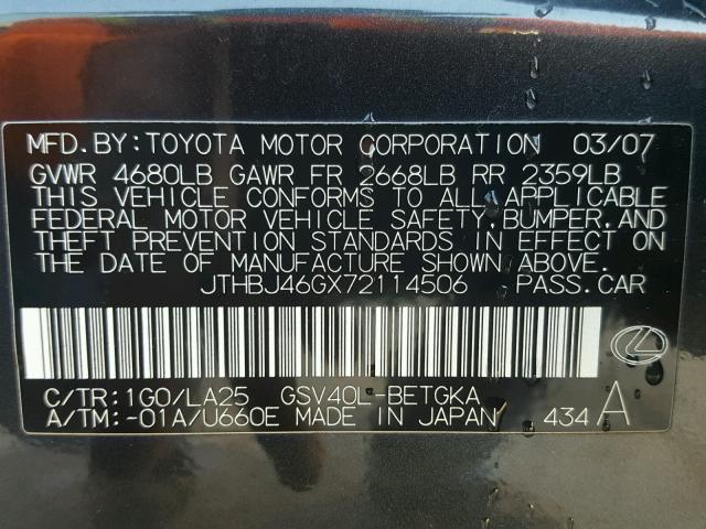 JTHBJ46GX72114506 - 2007 LEXUS ES 350 BLACK photo 10