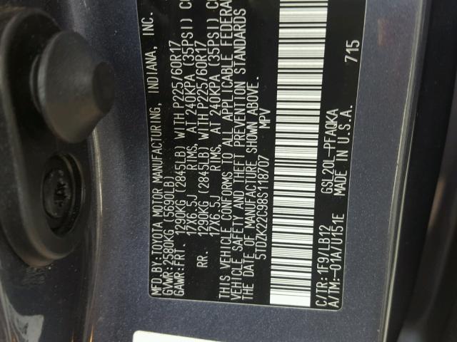 5TDZK22C98S118707 - 2008 TOYOTA SIENNA XLE BLUE photo 10