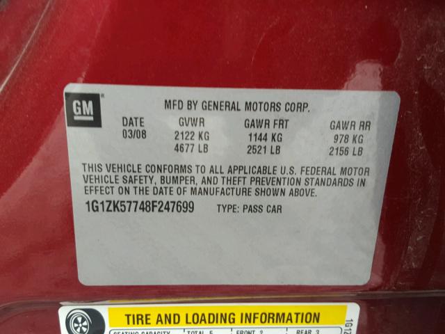 1G1ZK57748F247699 - 2008 CHEVROLET MALIBU LTZ 栗色 照片 10