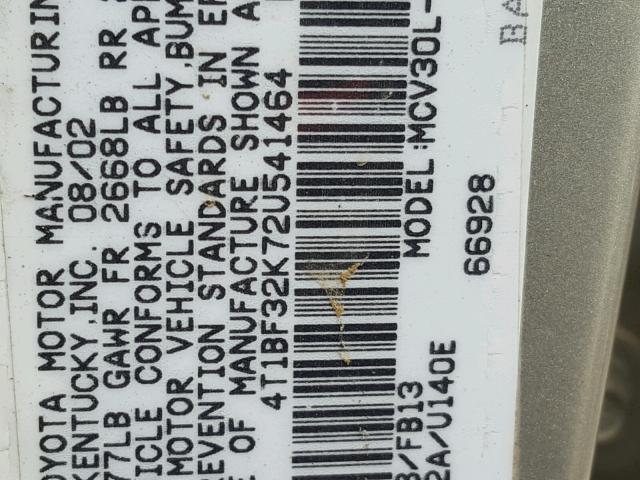 4T1BF32K72U541464 - 2002 TOYOTA CAMRY LE 银色 照片 10