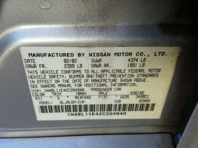 1N4BL11E42C204940 - 2002 NISSAN ALTIMA SE SILVER photo 10