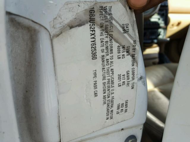 1G8JU52FXYY625360 - 2000 SATURN LS1 WHITE photo 10