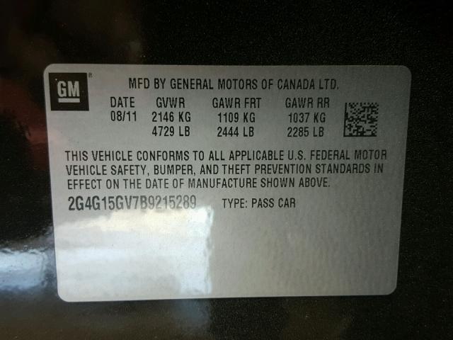 2G4G15GV7B9215289 - 2011 BUICK REGAL CXL BLACK photo 10