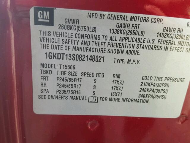 1GKDT13S082148021 - 2008 GMC ENVOY RED photo 10