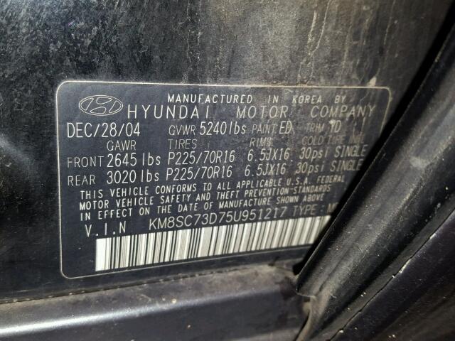 KM8SC73D75U951217 - 2005 HYUNDAI SANTA FE G BLACK photo 10