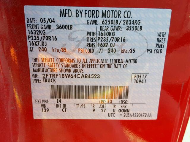 2FTRF18W64CA84523 - 2004 FORD F-150 HERI RED photo 10