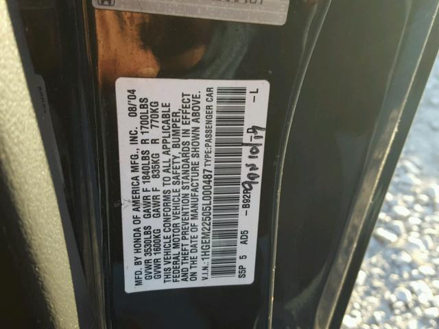 1HGEM22505L000487 - 2005 HONDA CIVIC LX 黑色 照片 10