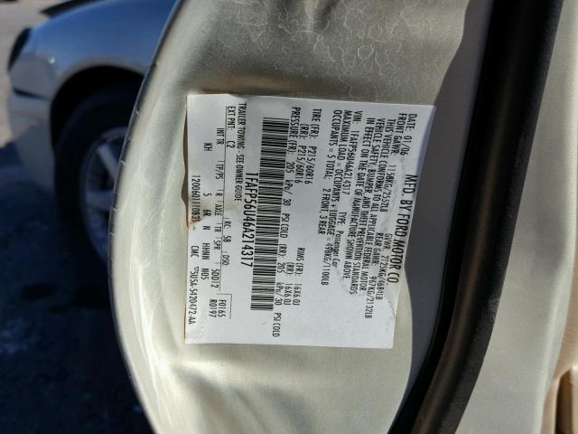 1FAFP56U46A214317 - 2006 FORD TAURUS SEL TAN photo 10