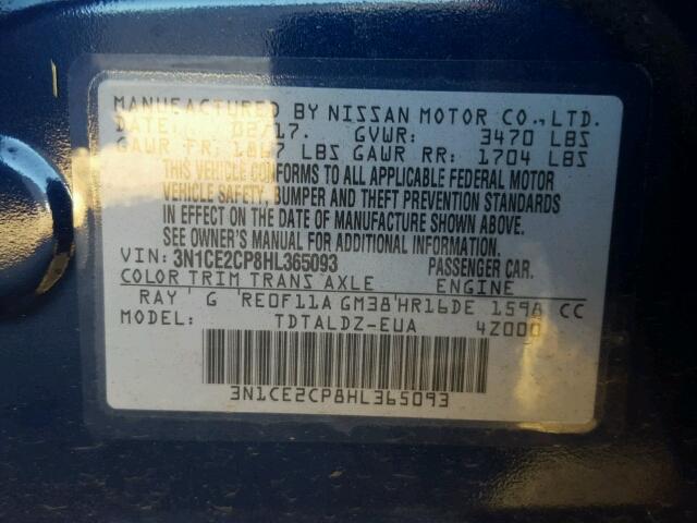 3N1CE2CP8HL365093 - 2017 NISSAN VERSA NOTE BLUE photo 10