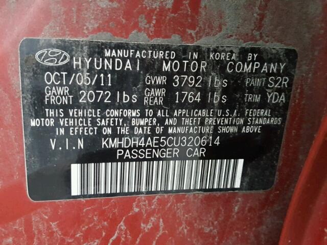 KMHDH4AE5CU320614 - 2012 HYUNDAI ELANTRA GL RED photo 10