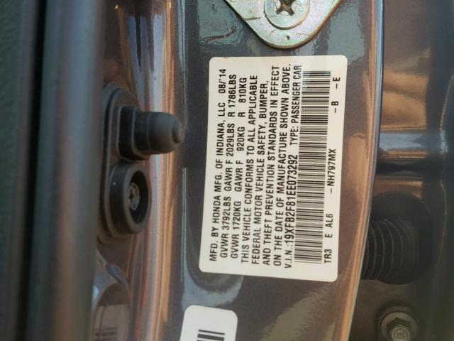 19XFB2F81EE073292 - 2014 HONDA CIVIC EX GRAY photo 10