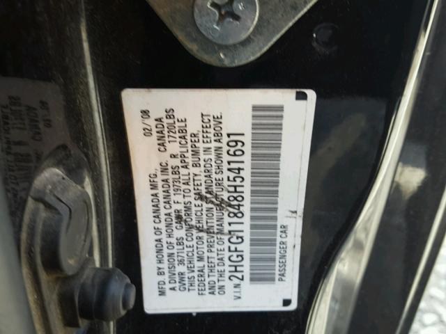 2HGFG11848H541691 - 2008 HONDA CIVIC EX BLACK photo 10