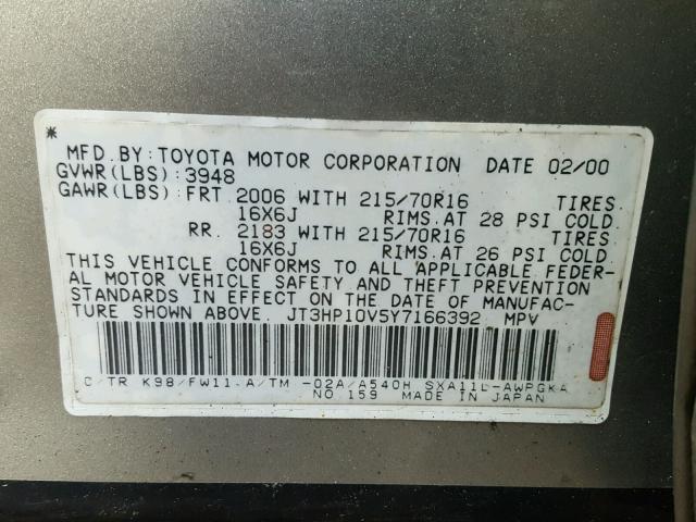 JT3HP10V5Y7166392 - 2000 TOYOTA RAV4 GRAY photo 10