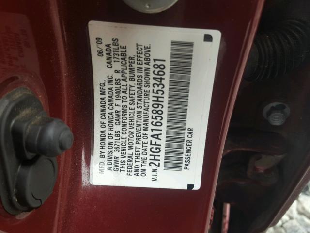 2HGFA16589H534681 - 2009 HONDA CIVIC LX RED photo 10