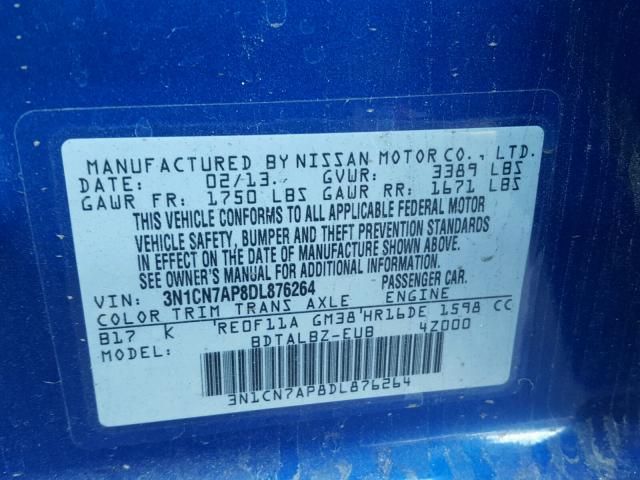 3N1CN7AP8DL876264 - 2013 NISSAN VERSA S BLUE photo 10