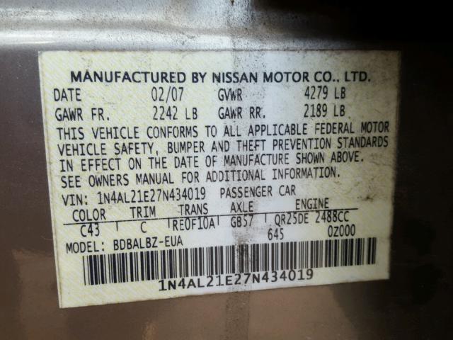 1N4AL21E27N434019 - 2007 NISSAN ALTIMA 2.5 SILVER photo 10