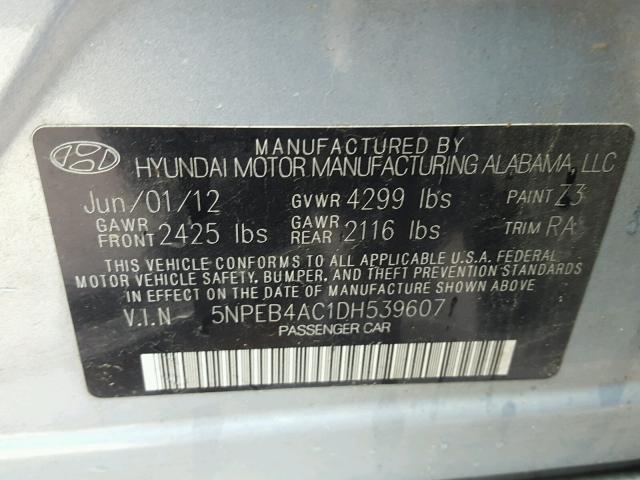 5NPEB4AC1DH539607 - 2013 HYUNDAI SONATA GLS BLUE photo 10