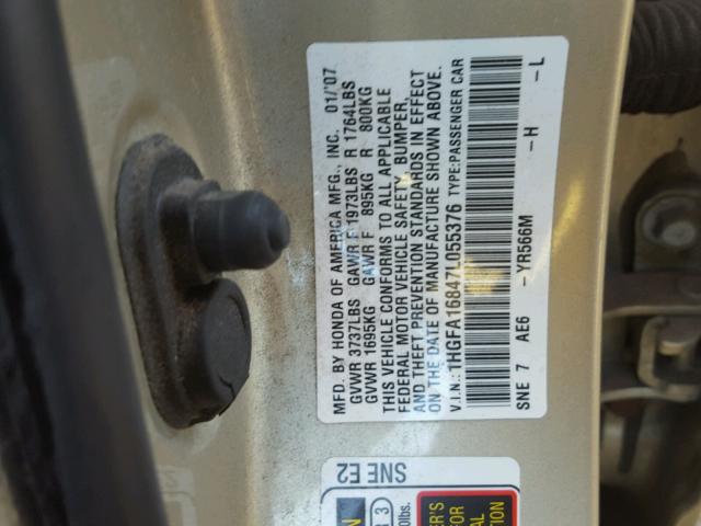 1HGFA16847L055376 - 2007 HONDA CIVIC EX GOLD photo 10