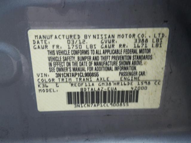 3N1CN7AP1CL900855 - 2012 NISSAN VERSA S GRAY photo 10