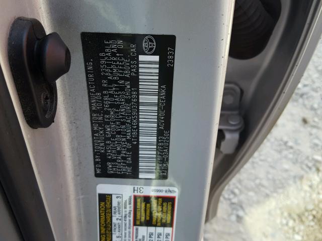 4T1BE46K59U376981 - 2009 TOYOTA CAMRY BASE SILVER photo 10