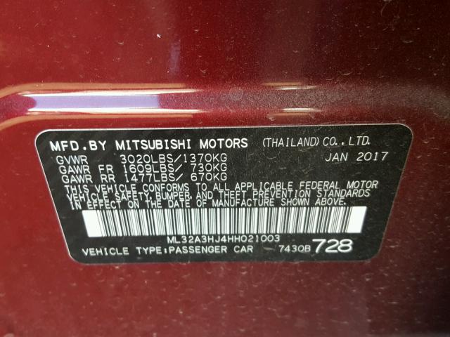 ML32A3HJ4HH021003 - 2017 MITSUBISHI MIRAGE ES PURPLE photo 10