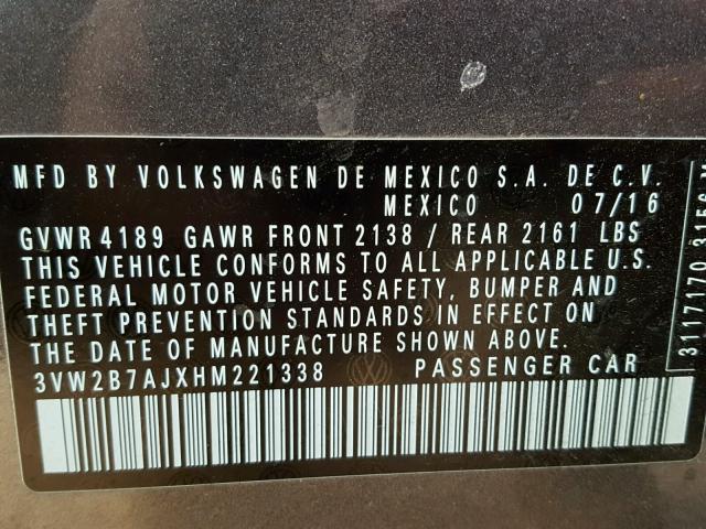 3VW2B7AJXHM221338 - 2017 VOLKSWAGEN JETTA S Boz foto 10