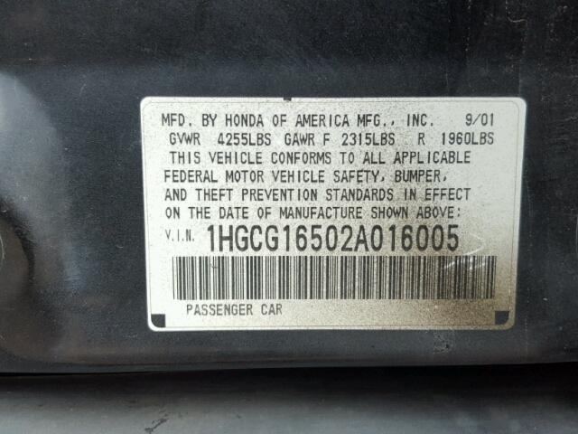 1HGCG16502A016005 - 2002 HONDA ACCORD EX BLACK photo 10