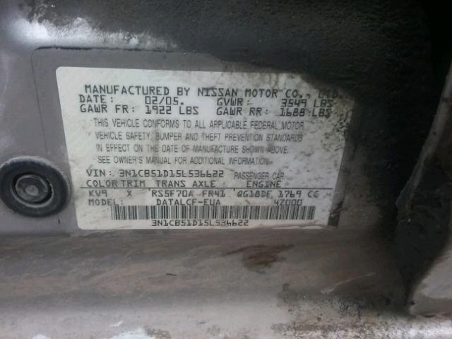 3N1CB51D15L536622 - 2005 NISSAN SENTRA 1.8 SILVER photo 10