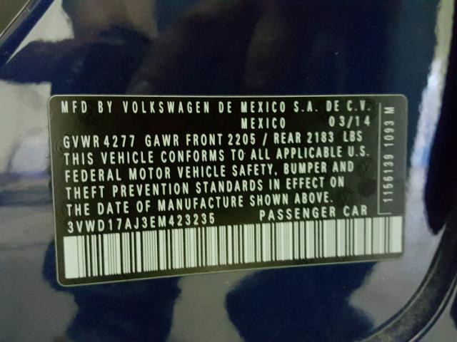 3VWD17AJ3EM423235 - 2014 VOLKSWAGEN JETTA SE 蓝色 照片 10