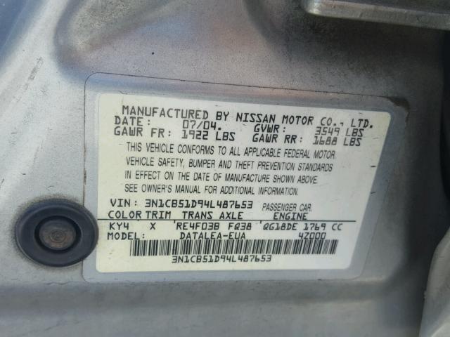 3N1CB51D94L487653 - 2004 NISSAN SENTRA 1.8 SILVER photo 10