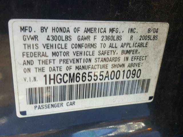 1HGCM66555A001090 - 2005 HONDA ACCORD EX GRAY photo 10