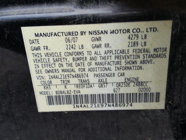 1N4AL21E97N486974 - 2007 NISSAN ALTIMA 2.5 BLACK photo 10