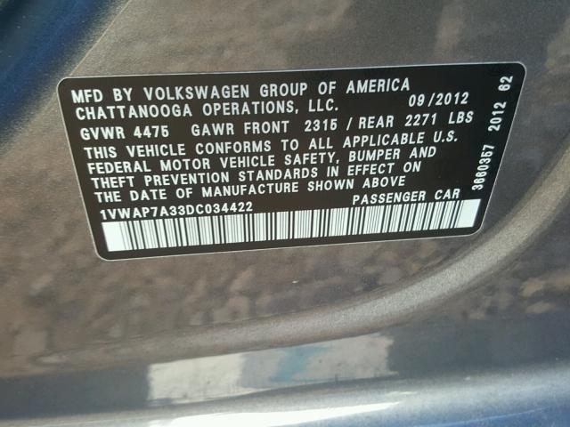 1VWAP7A33DC034422 - 2013 VOLKSWAGEN PASSAT S ვერცხლისფერი ფოტო 10