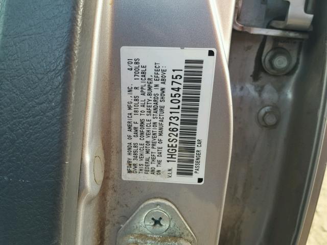 1HGES26731L054751 - 2001 HONDA CIVIC EX SILVER photo 10