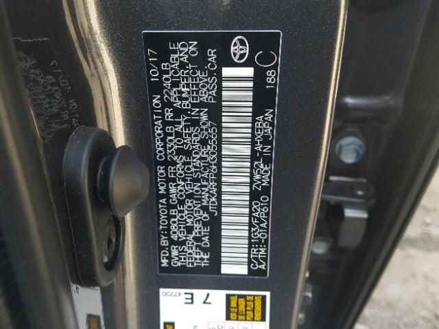 JTDKARFP6H3055657 - 2017 TOYOTA PRIUS PRIM ნაცრისფერი ფოტო 10