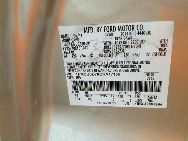 1FMCU0D78CKA17156 - 2012 FORD ESCAPE XLT GOLD photo 10