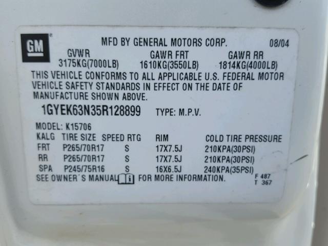 1GYEK63N35R128899 - 2005 CADILLAC ESCALADE L WHITE photo 10