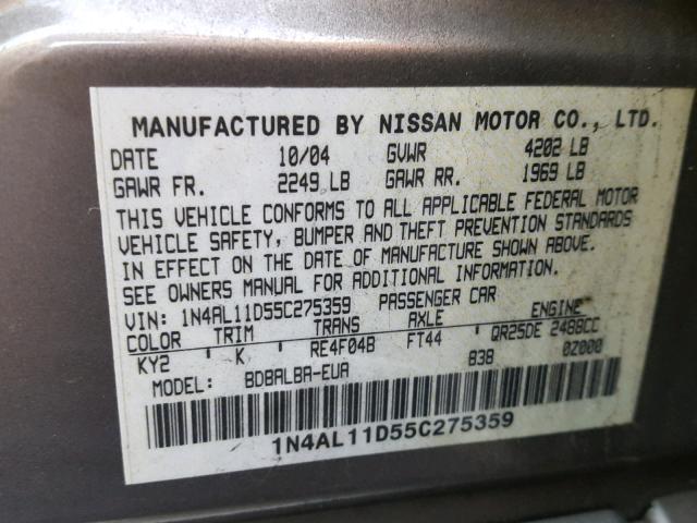 1N4AL11D55C275359 - 2005 NISSAN ALTIMA S SILVER photo 10