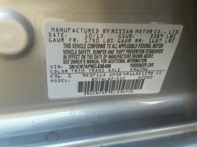 3N1CN7AP9EL836406 - 2014 NISSAN VERSA S SILVER photo 10