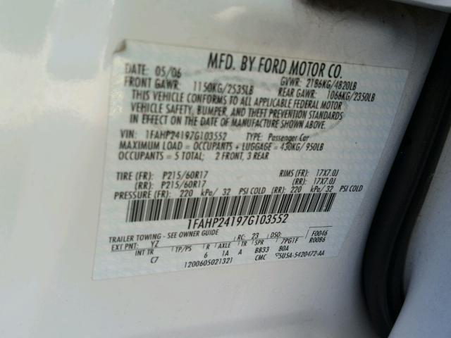 1FAHP24197G103552 - 2007 FORD FIVE HUNDR WHITE photo 10