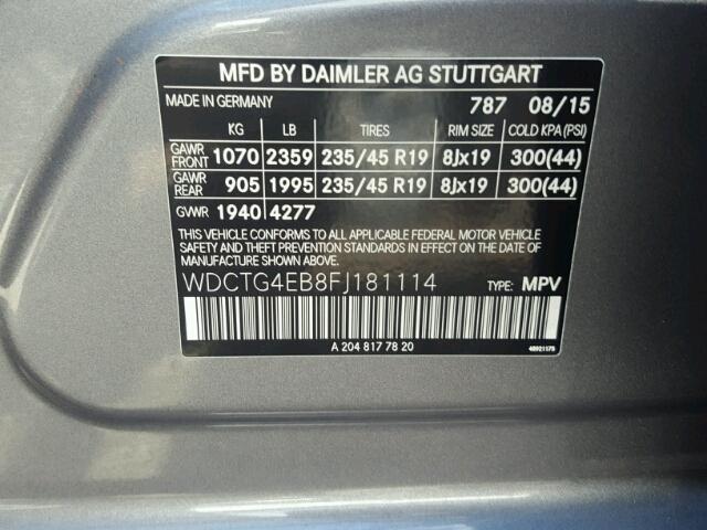 WDCTG4EB8FJ181114 - 2015 MERCEDES-BENZ GLA 250 GRAY photo 10