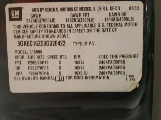 3GKEC16Z53G326423 - 2003 GMC YUKON XL C BLACK photo 10