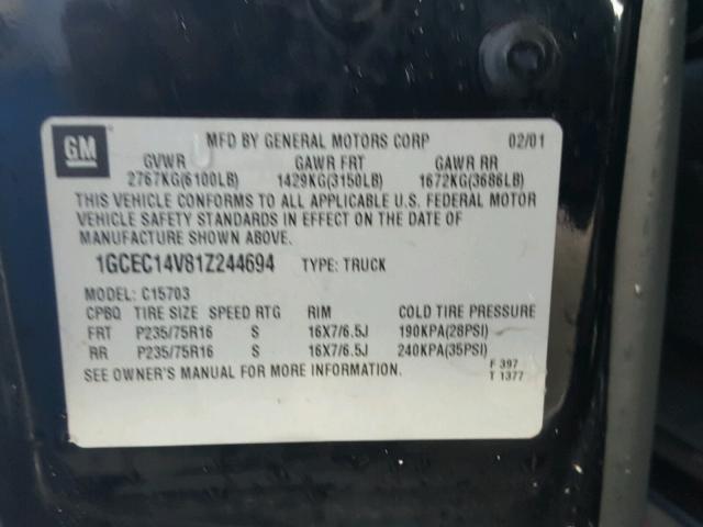 1GCEC14V81Z244694 - 2001 CHEVROLET SILVERADO BLACK photo 10