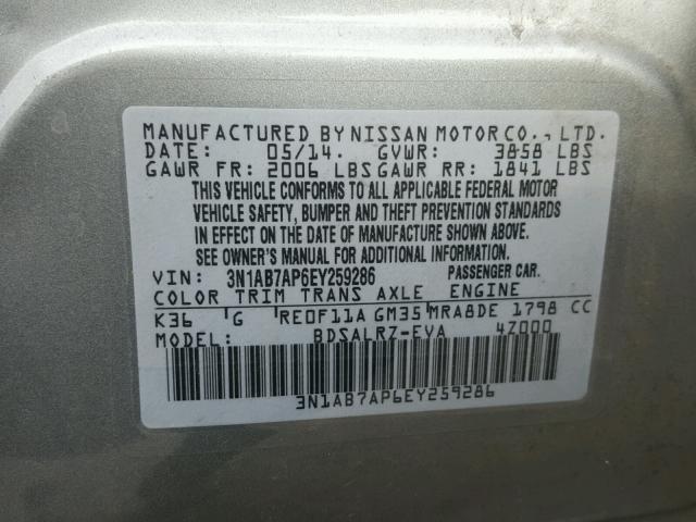 3N1AB7AP6EY259286 - 2014 NISSAN SENTRA S GRAY photo 10