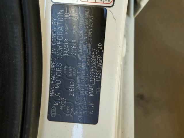 KNAFE122785530557 - 2008 KIA SPECTRA EX WHITE photo 10