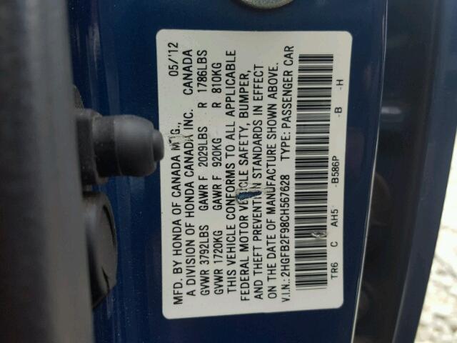 2HGFB2F98CH567628 - 2012 HONDA CIVIC EXL BLUE photo 10