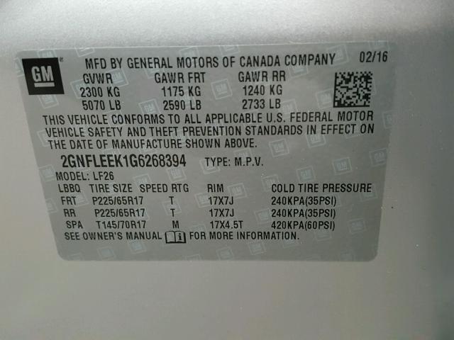 2GNFLEEK1G6268394 - 2016 CHEVROLET EQUINOX LS SILVER photo 10